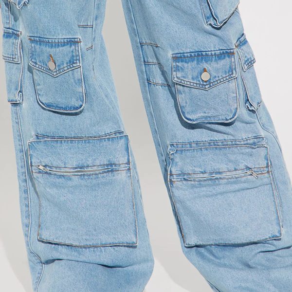 Custom Logo OEM Manufacturer Pocket High Waist Streetwear Baggy Denim Ladies Long Wide Cargo For Women Jeans Trousers - Image 3