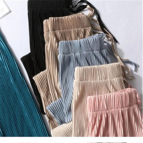 Summer Wide Leg Pants For Women Casual Elastic High Waist 2021 New Fashion Loose Long Pleated Trousers Femme R1816 - Image 5