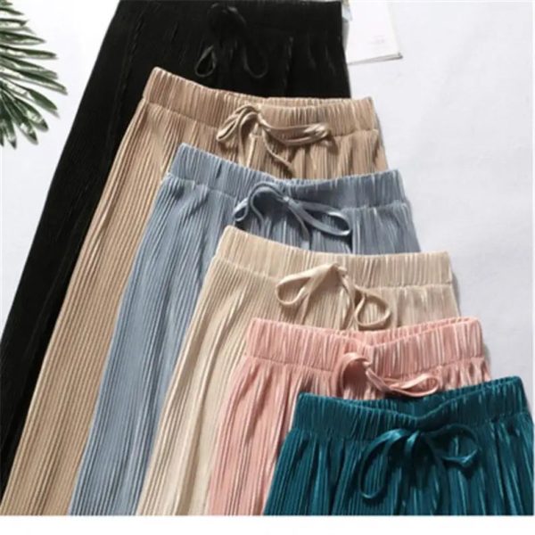 Summer Wide Leg Pants For Women Casual Elastic High Waist 2021 New Fashion Loose Long Pleated Trousers Femme R1816 - Image 4