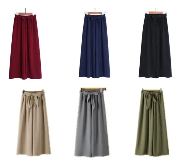 Y308038 Loose Wide Leg Pants Elastic Waist Tie Bow Slacks Wide Leg calf-length - Image 2