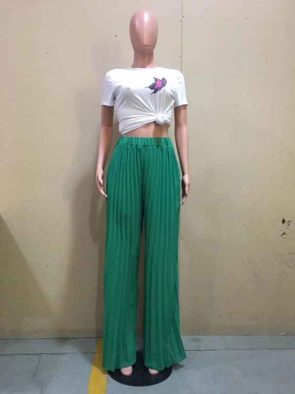 O4710 casual fashion solid loose summer pleated wide leg women - Image 5