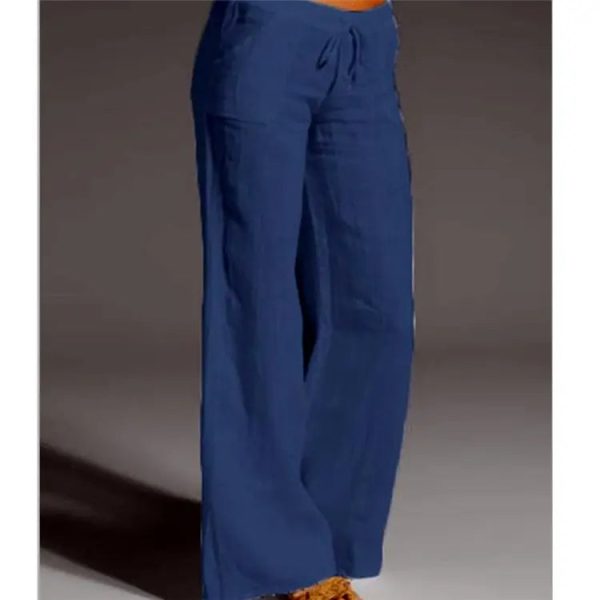 Elastic Waist Solid Color Cotton Women Trousers Linen Wide Leg - Image 5