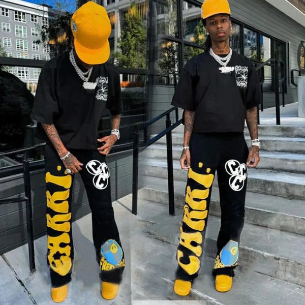 Streetwear Jean Pant Heavyweight Cotton Embroidery Applique Patches Baggy Stacked Sweatpants Vintage Custom Denim For Men - Image 4