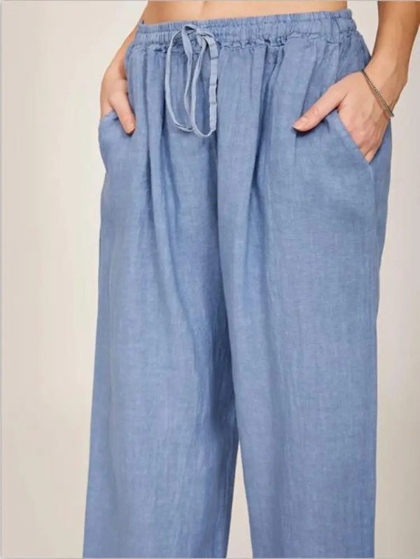 Drawstring Waistband Blue Formal Summer Cotton Linen Wide Leg Women Slacks - Image 3