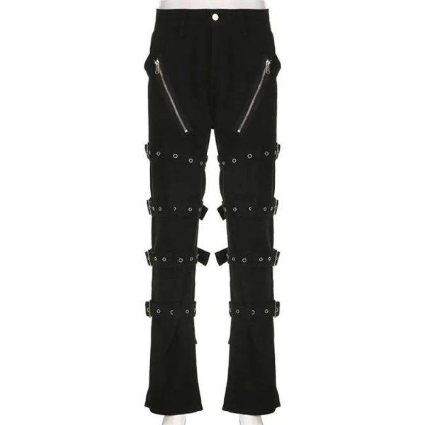 Eyelet Buckle Punk Goth Jeans Y2K Woman Solid E Girl Denim Gothic Straight Trousers - Image 5