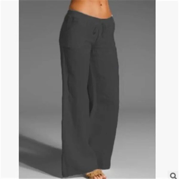 Elastic Waist Solid Color Cotton Women Trousers Linen Wide Leg - Image 3