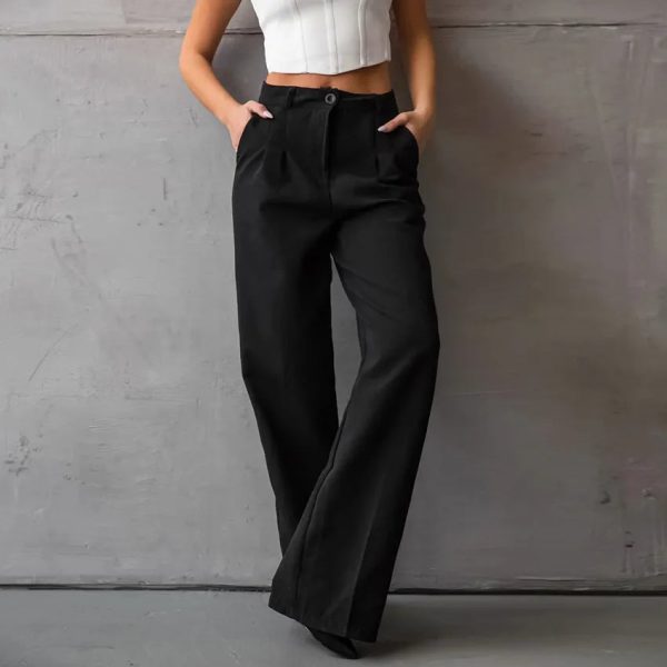 OOTN Autumn Solid Pockets Party Trousers Women 2023 Elegant Office Lady Pleated Long Fashion Black Straight - Image 2