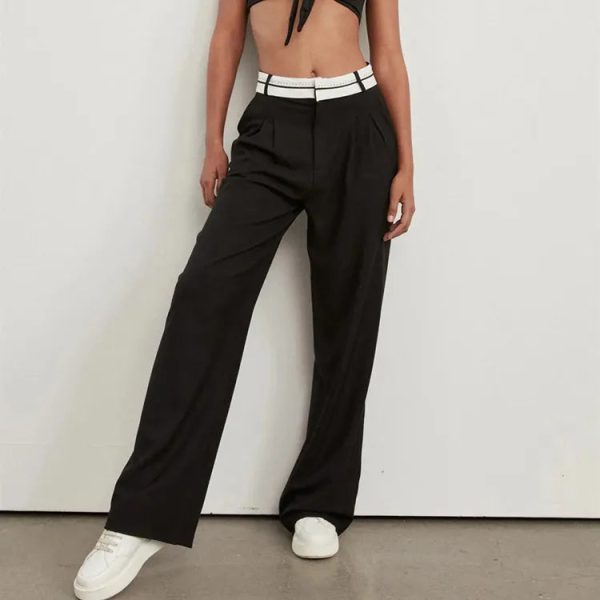Trendy Female Clothes Patchwork Khaki Office High Waist Formal Casual Loose Palazzo Trousers Women - Image 3