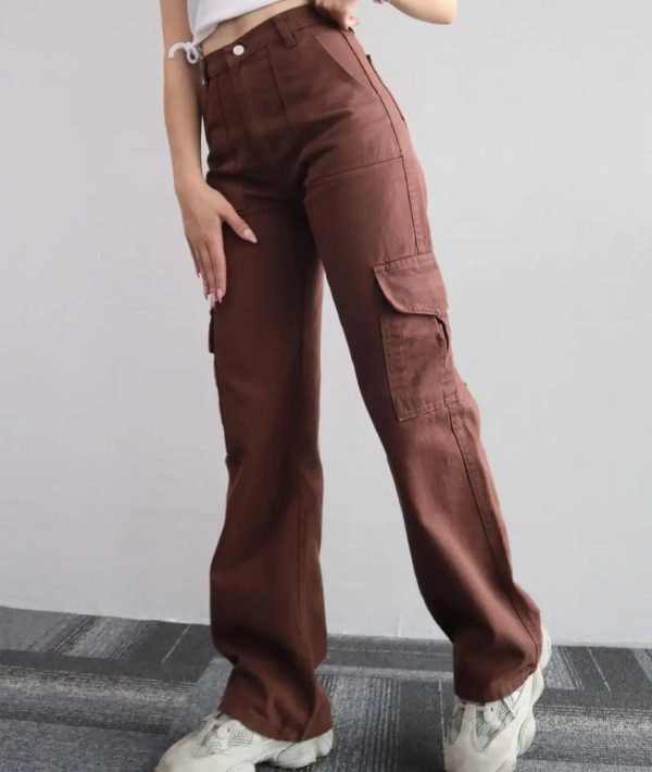 2024 New women's solid color all-matching casual mid-waist trousers wide leg cargo - Image 3