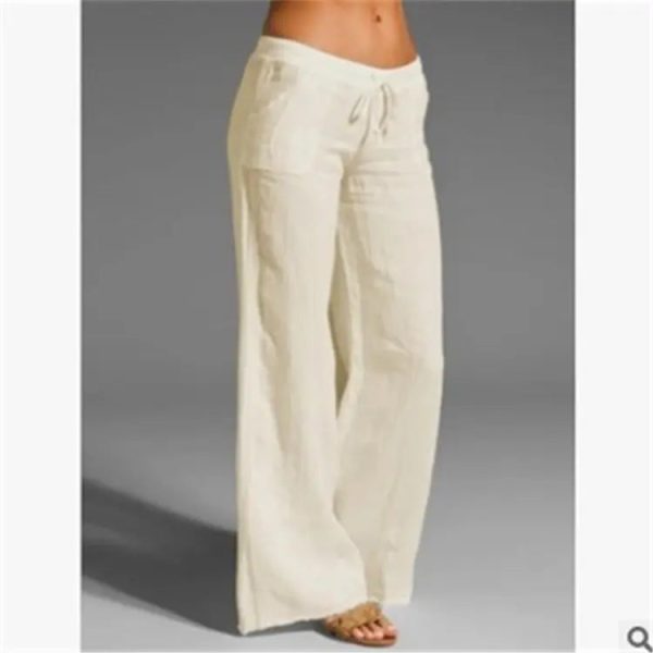 Elastic Waist Solid Color Cotton Women Trousers Linen Wide Leg - Image 2