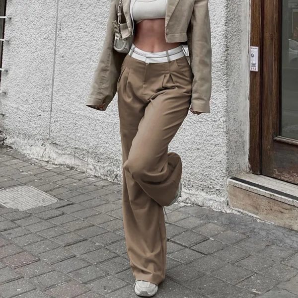Trendy Female Clothes Patchwork Khaki Office High Waist Formal Casual Loose Palazzo Trousers Women - Image 2