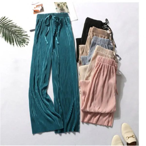 Summer Wide Leg Pants For Women Casual Elastic High Waist 2021 New Fashion Loose Long Pleated Trousers Femme R1816 - Image 6