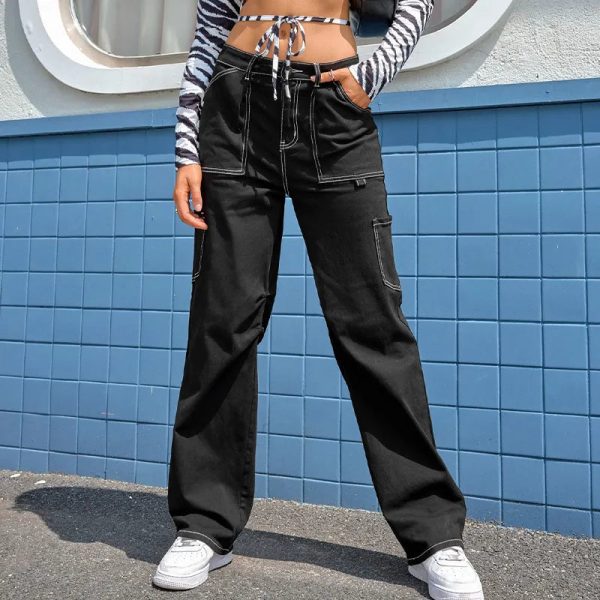 Fashion Casual High Waist Ladies Jogger Pants Pockets Black Cargo Women - Image 4