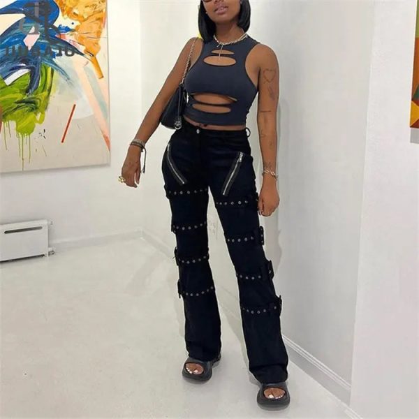 Eyelet Buckle Punk Goth Jeans Y2K Woman Solid E Girl Denim Gothic Straight Trousers - Image 2