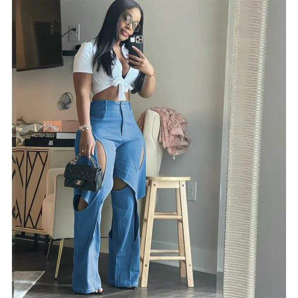 Peeqi GT9127 wholesale women's casual pants hollow out denim jeans loose plus size trousers straight for women - Image 2