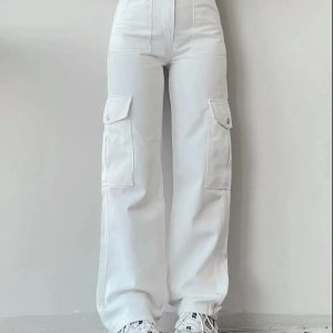 2024 New women's solid color all-matching casual mid-waist trousers wide leg cargo