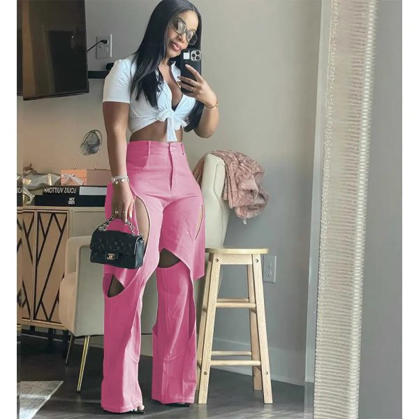 Peeqi GT9127 wholesale women's casual pants hollow out denim jeans loose plus size trousers straight for women - Image 4