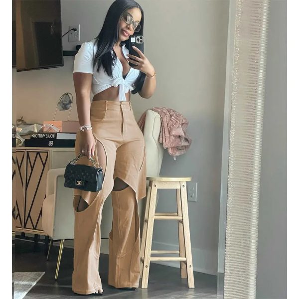 Peeqi GT9127 wholesale women's casual pants hollow out denim jeans loose plus size trousers straight for women - Image 3