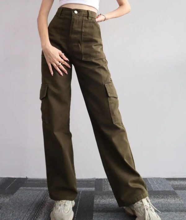 2024 New women's solid color all-matching casual mid-waist trousers wide leg cargo - Image 4