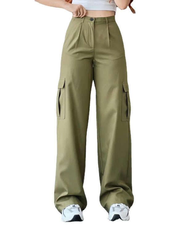 2024 New women's solid color all-matching casual mid-waist trousers wide leg cargo - Image 5