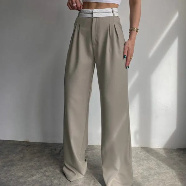 Trendy Female Clothes Patchwork Khaki Office High Waist Formal Casual Loose Palazzo Trousers Women