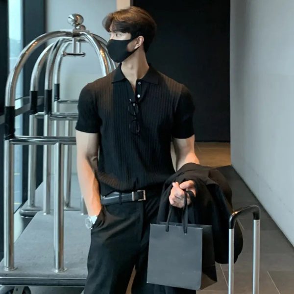 M-3XL Polo Neck Shirt Short Sleeve Men's Loose Relaxed Summer Thin Solid Knit T- Underlay - Image 3
