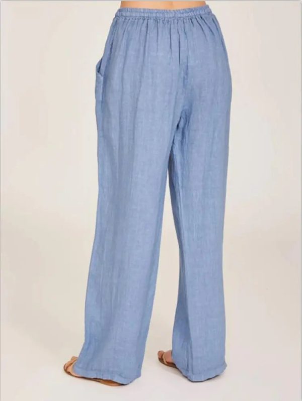 Drawstring Waistband Blue Formal Summer Cotton Linen Wide Leg Women Slacks - Image 2