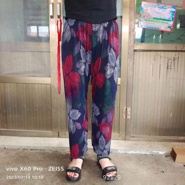 New Women Fashion Long Pants Spring Summer Ice Silk Loose Printed Trousers Elastic Waist Lady Wide Leg Casual - Image 6