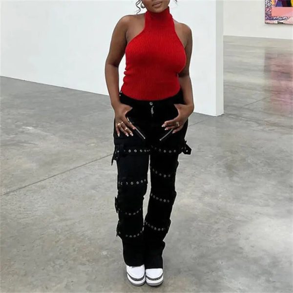 Eyelet Buckle Punk Goth Jeans Y2K Woman Solid E Girl Denim Gothic Straight Trousers - Image 3