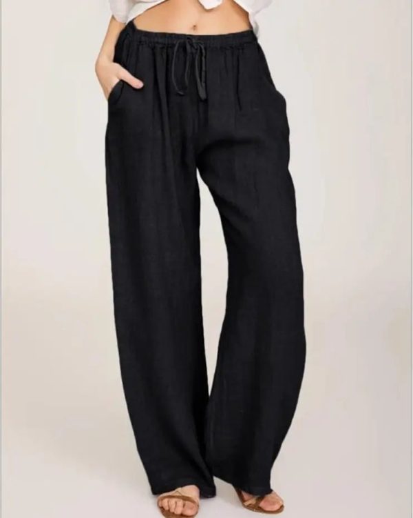 Drawstring Waistband Blue Formal Summer Cotton Linen Wide Leg Women Slacks - Image 5