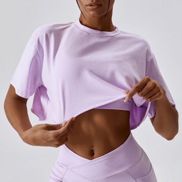 Custom Logo Women Gym Short Sleeve Dance Athletic Yoga Girls Workout Jogging Cotton Tee Loose Crop Top Crewneck T- - Image 5
