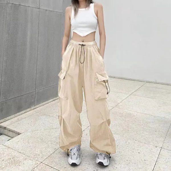 Fengway 2024 Trendy Vintage Wide Leg Pants Women Loose Ankle Trousers Streetwear Drawstring Cargo With Pocket - Image 5