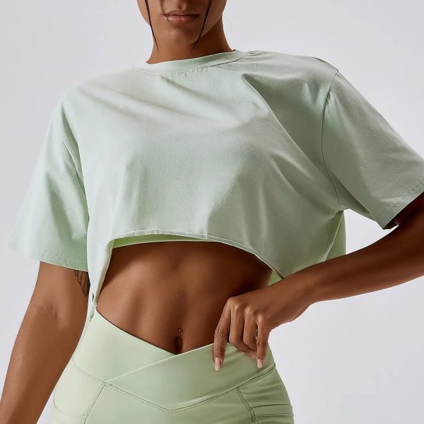 Custom Logo Women Gym Short Sleeve Dance Athletic Yoga Girls Workout Jogging Cotton Tee Loose Crop Top Crewneck T- - Image 4