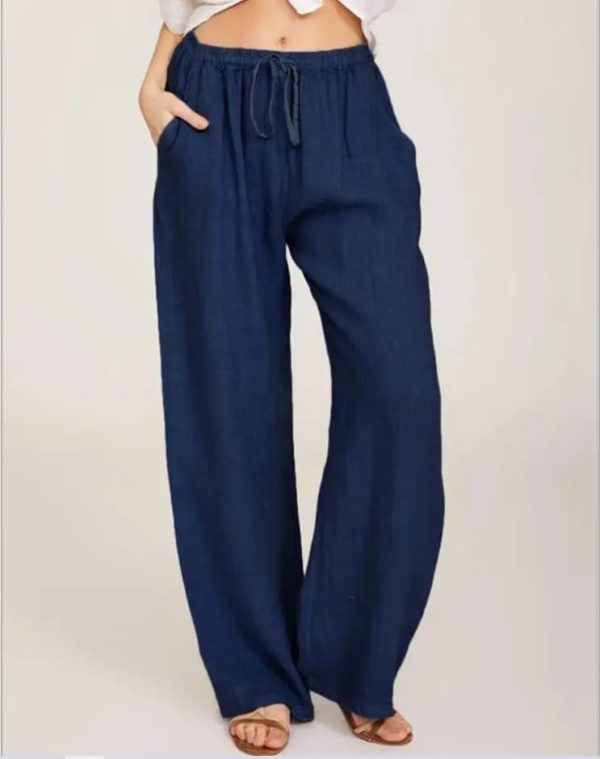 Drawstring Waistband Blue Formal Summer Cotton Linen Wide Leg Women Slacks - Image 4