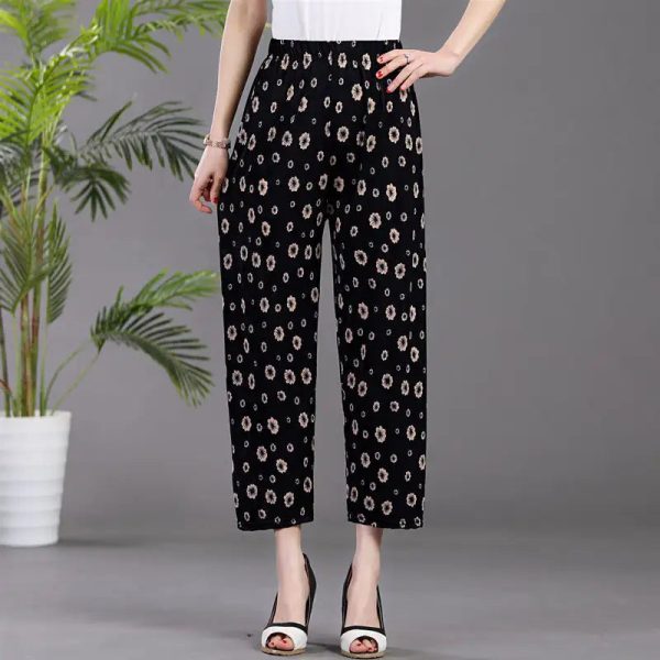 New Women Fashion Long Pants Spring Summer Ice Silk Loose Printed Trousers Elastic Waist Lady Wide Leg Casual - Image 2