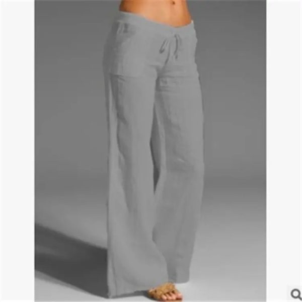 Elastic Waist Solid Color Cotton Women Trousers Linen Wide Leg - Image 4