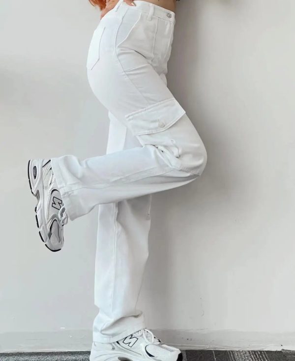 2024 New women's solid color all-matching casual mid-waist trousers wide leg cargo - Image 2