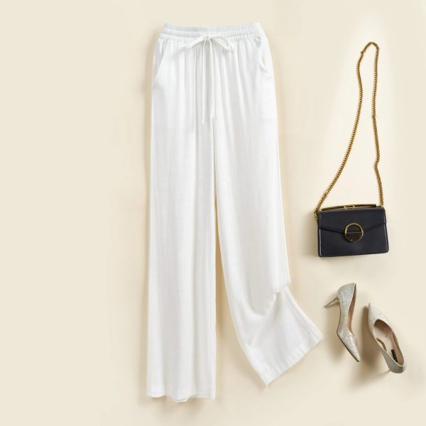 High waisted wide leg pants women plus size cotton linen casual drawstring women's trousers white linen - Image 3
