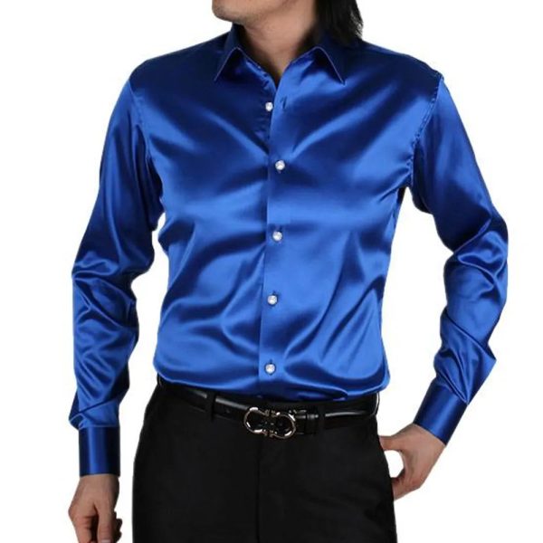 Latest Designs Smooth Silk Satin Shirt 2022 Men's Slim Fit Long Sleeve Button Down Dress at Wholesale - Image 5