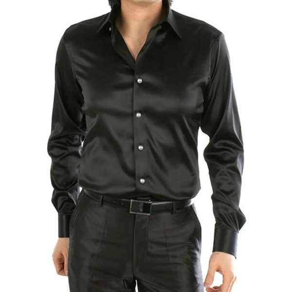 Latest Designs Smooth Silk Satin Shirt 2022 Men's Slim Fit Long Sleeve Button Down Dress at Wholesale - Image 3