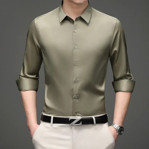 Classic silk satin Men's Plaid Dress Shirts Casual Long Sleeve Button Down Collarless Dress - Image 3
