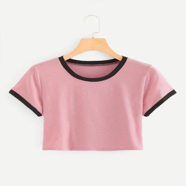 Women Crop Ringer Heather Grey T Shirt Hot fashion Girls Print Ringer Tee Summer Grey Basic Breathable cotton T - Image 4