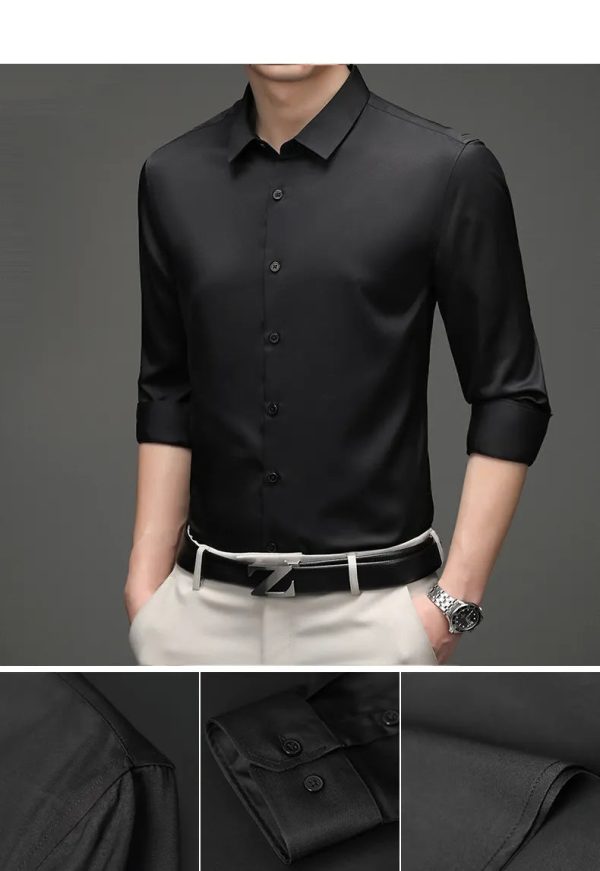 Classic silk satin Men's Plaid Dress Shirts Casual Long Sleeve Button Down Collarless Dress - Image 4