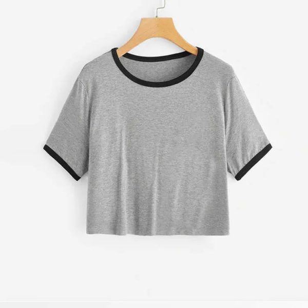Women Crop Ringer Heather Grey T Shirt Hot fashion Girls Print Ringer Tee Summer Grey Basic Breathable cotton T - Image 3