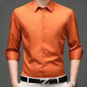 Classic silk satin Men's Plaid Dress Shirts Casual Long Sleeve Button Down Collarless Dress