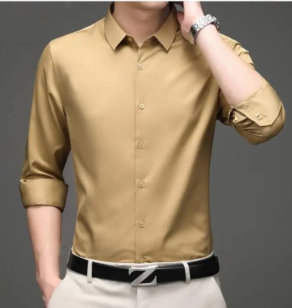 Classic silk satin Men's Plaid Dress Shirts Casual Long Sleeve Button Down Collarless Dress - Image 2