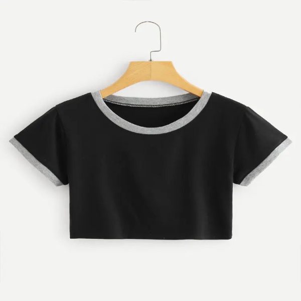 Women Crop Ringer Heather Grey T Shirt Hot fashion Girls Print Ringer Tee Summer Grey Basic Breathable cotton T - Image 2