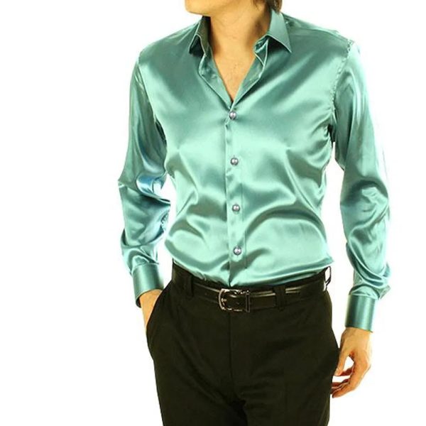 Latest Designs Smooth Silk Satin Shirt 2022 Men's Slim Fit Long Sleeve Button Down Dress at Wholesale - Image 6