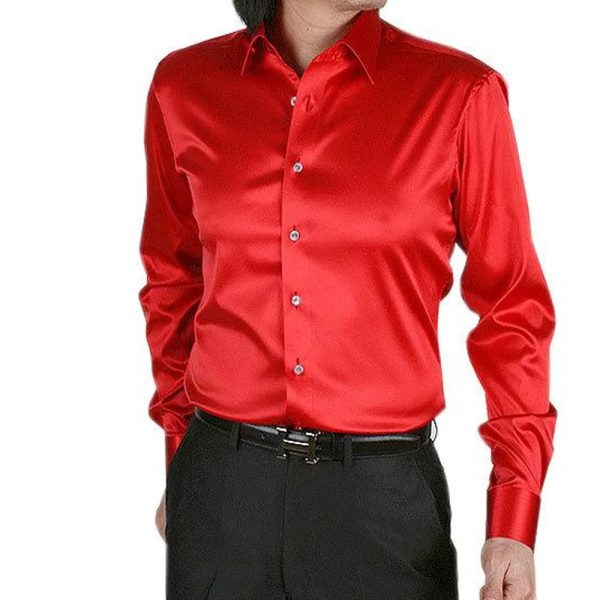 Latest Designs Smooth Silk Satin Shirt 2022 Men's Slim Fit Long Sleeve Button Down Dress at Wholesale - Image 4